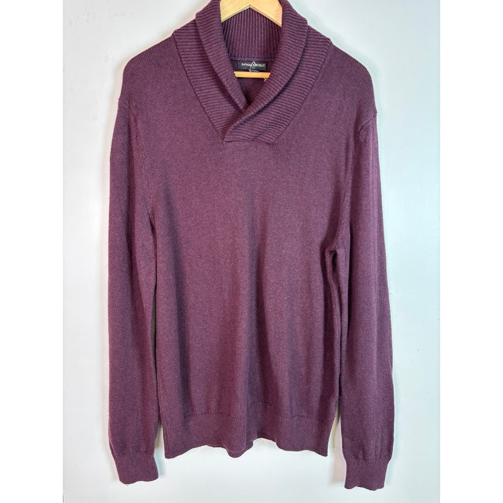 Banana Republic Sweater Large Burgundy Shawl Collar Cotton‎ Wool Blend Mens